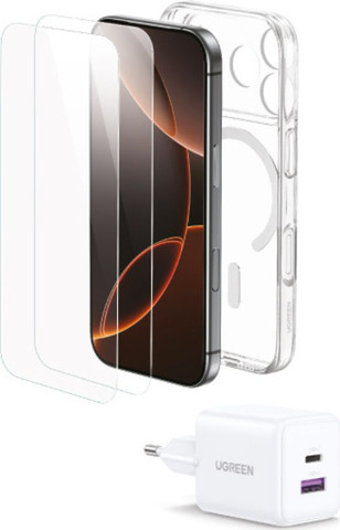 באנדל iPhone 17 Pro Max מטען קיר 30W + כיסוי MAGSAFE + זוג מגני מסך זכוכית לבן