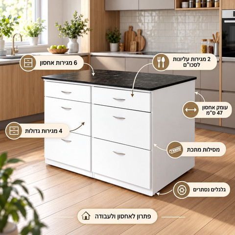 אי מגירות סטנדרטי למטבח על גלגלים המכיל 6 מגירות צבע שחור דמוי שיש