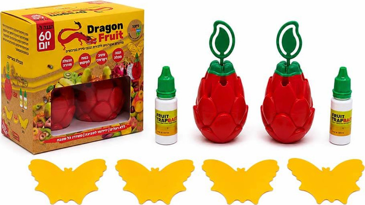 מלכודת לזבובי פירות Dragon Fruit – ערכה כפולה עם פיתיון ולוחות דבק