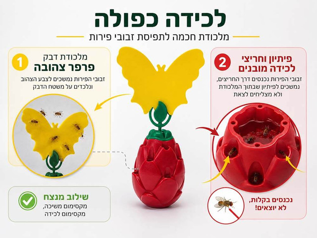 מלכודת לזבובי פירות Dragon Fruit – ערכה כפולה עם פיתיון ולוחות דבק