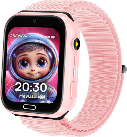 MeWatch K12 Light Pink שעון חכם לילדים + רצועת בד שחורה + רצועת בד ורודה + סים מובנה LBS