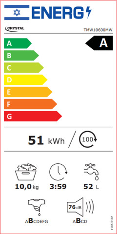מכונת כביסה פתח חזית 10 ק"ג Crystal TMW10600MW ‏1400 סל"ד – צבע לבן