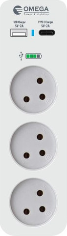רב שקע 3 שקעים כולל כניסת USB Type-A ו-Omega USB Type-C אומגה QGT3VR-2U-C-L