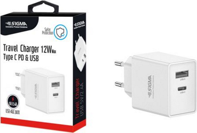 מטען קיר כפול Sigma USB TYPE-A/C 12W סיגמה SM-WC-USB+PD-12W לבן