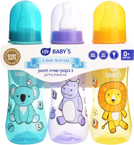 לייף בייביז בקבוק שתייה לתינוק 0+ חודשים מארז שלישייה צבעוני