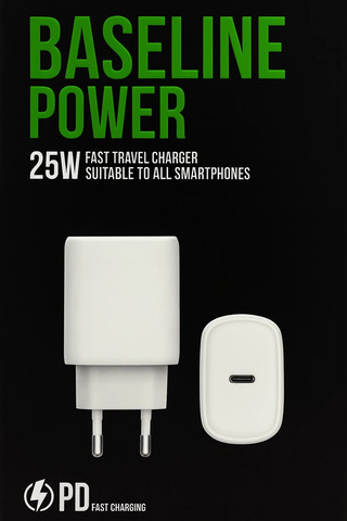 מטען קיר מהיר Baseline Power 25W PD תומך טעינה מהירה לכל הסמארטפונים בצבע לבן