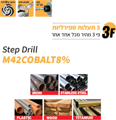 מקדח מדורג סופר קובלט M42 1/4" HEX 4-30 מ"מ | B.Tech