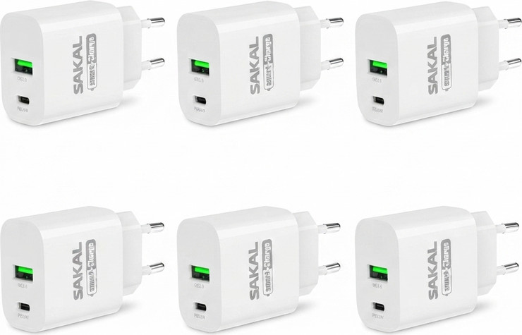 מארז 6 מטעני קיר מהירים 20W USB + Type-C – מתאים ל-iPhone, Galaxy ומכשירים תומכי טעינה מהירה
