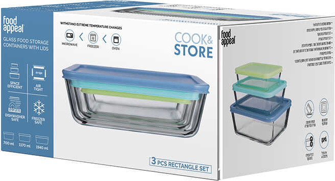 סט אחסון זכוכית 3 חלקים מלבני מכסה סיליקון COOK & STORE