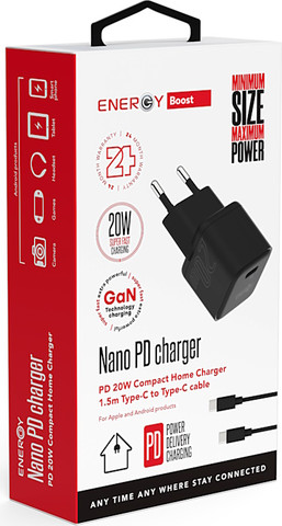 ראש 20W כולל כבל Energy USB Type C To C אנרג'י Nano PD20W שחור