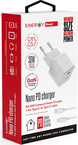 ראש מטען 30W כולל כבל Energy USB Type C To C אנרג'י Nano PD30W