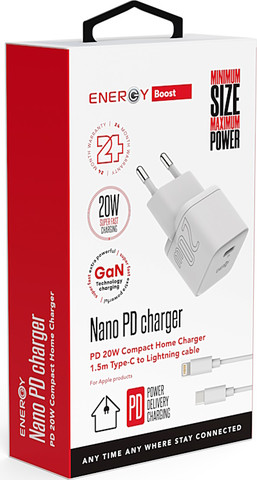 ראש מטען 20W כולל כבל Energy USB Type C To L אנרג'י Nano PD20W לבן