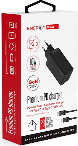 ראש מטען 65W כולל כבל Energy USB Type C To C אנרג'י Premium 2C+1QC PD65W שחור