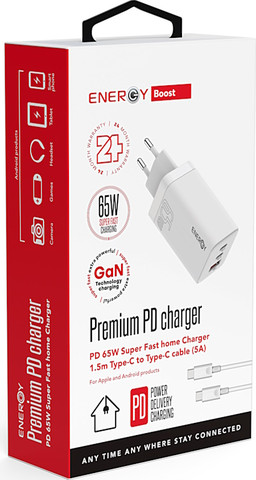 ראש מטען 65W כולל כבל Energy USB Type C To C אנרג'י Premium 2C+1QC PD65W
