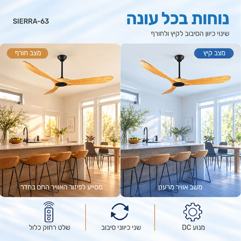 מאוורר תקרה מעוצב "60 עם מנוע DC ושלט רחוק, שחור/עץ דגם SIERRA-63