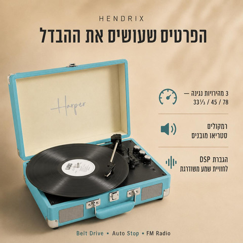 פטיפון 5.4 BT + רדיו מזוודה רמקולים 10W מובנים, כחול דגם HENDRIX-BLUE