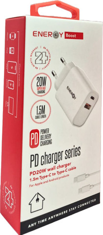 ראש מטען 20W כולל כבל Energy USB Type C To C אנרג'י 20W PD&QC 3.0