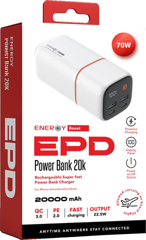 סוללת גיבוי - Energy 20000mAh אנרג'י E20K PD20 לבן