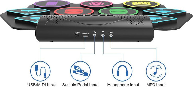 תופים אלקטרוניים עם רמקולים מובנים SENSEI PHASE-9 PRO חיבור BT + USB + שני פדלים + מקלות הקשה מעץ + 7 סגנונות תופים
