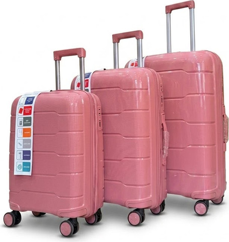 סט 3 מזוודות קשיחות פוליפרופילן Swiss Sky - דגם פסים - ורוד