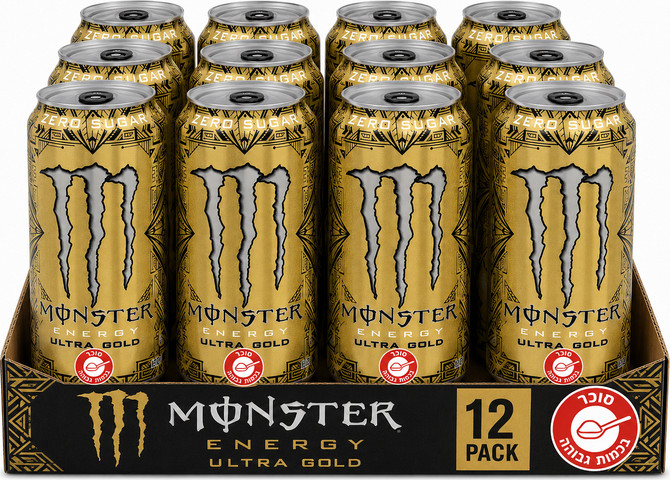 מארז משקה ללא סוכר Monster Energy Ultra Gold Zero - 12 יחידות במגש