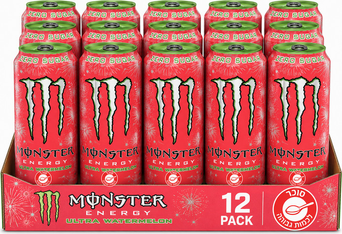 משקה ללא סוכר Monster Ultra Watermelon Energy - מגש 12 פחיות