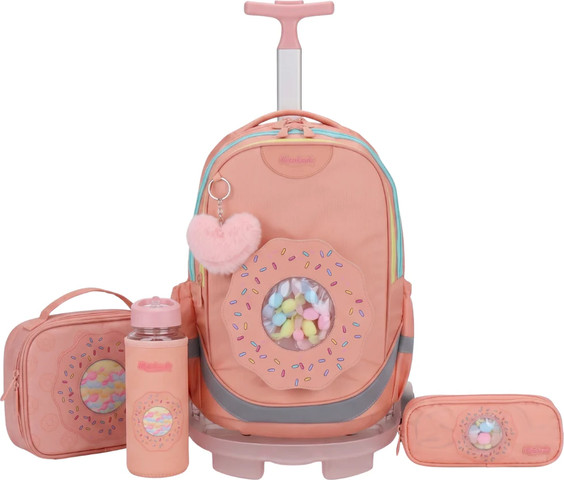 סט 9 ב 1 תיק בית ספר כולל עגלת טרולי דגם דונאטס Dramland Deluxe מבית Marshmelo ורוד
