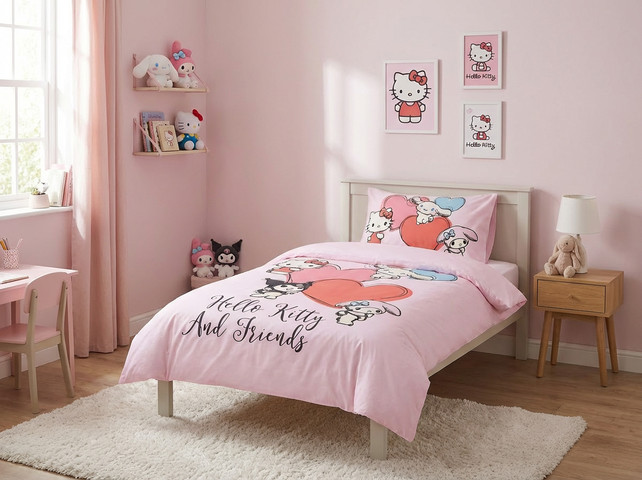 מצעי ילדים ונוער 100% כותנה - HELLO KITTY FREINDS - סט מצעים יחיד