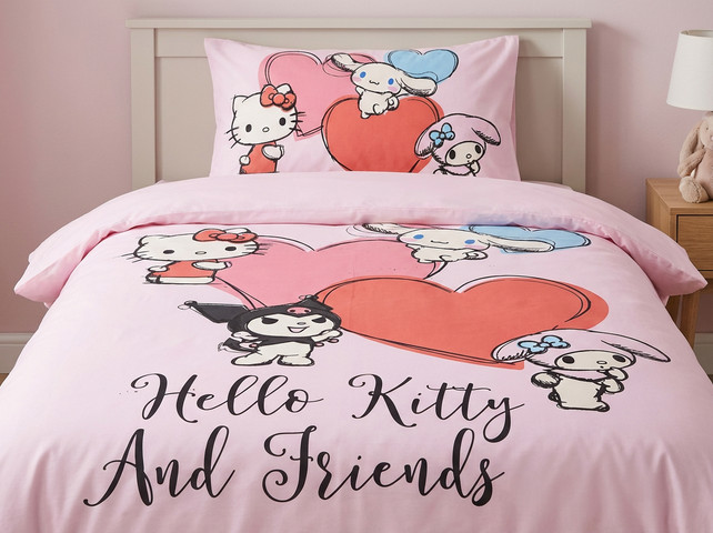 מצעי ילדים ונוער 100% כותנה - HELLO KITTY FREINDS - סט מצעים יחיד