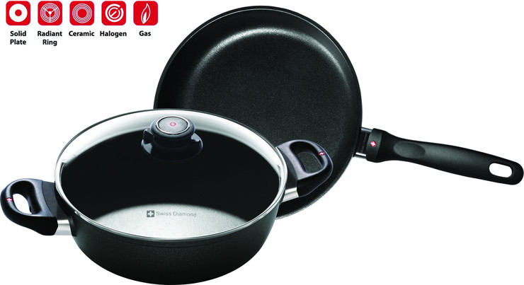 סט מחבת וסיר נמוך 3 ל' 24 ס"מ + מכסה זכוכית nonstick   מחוזק בגבישי יהלומים תוצרת Swiss Diamond