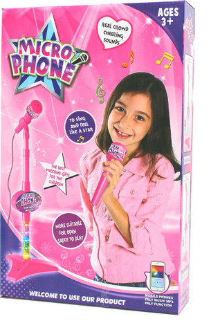 עמדת מיקרופון עם חיבור לנגן MP3 ואורות צבעוניים - ורוד