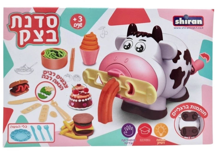 ערכת בצק הכוללת מטחנת בצק בעיצוב פרה, בצק ב-8 צבעים ומגוון אביזרים
