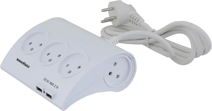 רב שקע 5 יציאות עם מפסק מואר + שני חיבורי USB 2.1A עם כבל באורך מטר וחצי Semicom