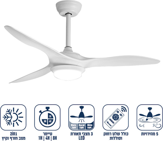 מאוורר תקרה דקורטיבי 52" כולל שלט ותאורת לד Arrow 40W ארו 600302-009 לבן