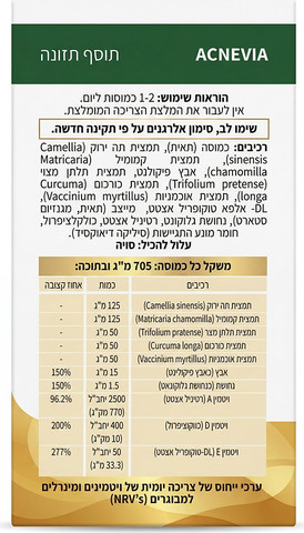 אקנביה (ACNEVIA) – קומפלקס ויטמינים, מינרלים ותמציות צמחים לעור תקין – 60 כמוסות