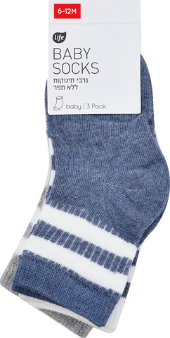 גרבי תינוקות ללא תפר אורך רגיל מעוצבות בגווני אפור כחול ולבן עם פסים. מידה 6-12 חודשים.