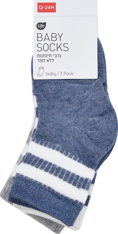 גרבי תינוקות ללא תפר אורך רגיל מעוצבות בגווני אפור כחול ולבן עם פסים. מידה 12-24 חודשים.