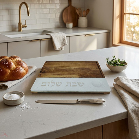 מגש חלה "שבת שלום" משולב עץ ושיש | Rustic Edition