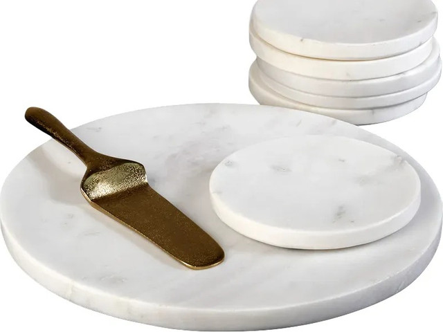 סט צלחות עוגה 8 חלקים שיש לבן עם מרית הגשה BANSWAR MARBLE