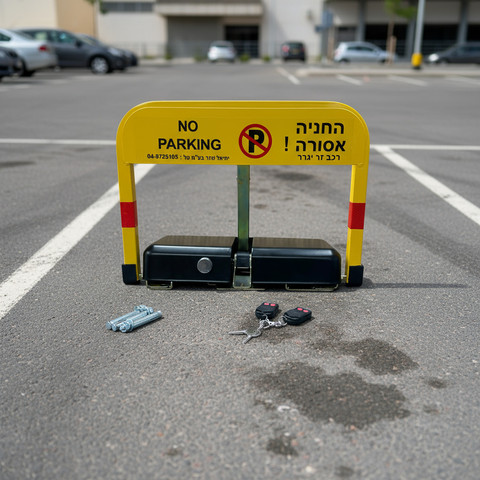 מחסום חניה מלבני מתקפל+זרוע+זוג שלטים (4 סוללות "D")