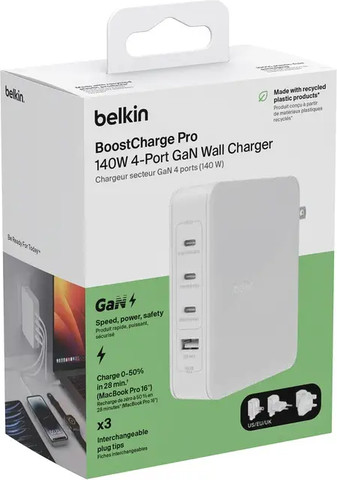 מטען קיר 4 יציאות Belkin BoostCharge 140W עם מתאמים לשקעים UK, EU, US WCH014bt