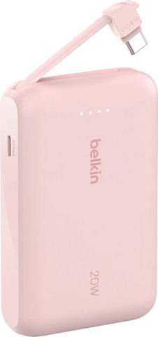 סוללת גיבוי Belkin BoostCharge מטען נייד 10,000mAh עם כבל מובנה לטעינה מהירה 20W בחרו צבע ורוד