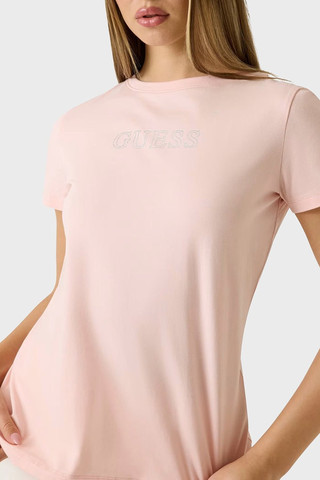 חולצת טישירט קצרה Guess Rhinestones Logo נשים - גס - Pink