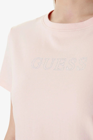 חולצת טישירט קצרה Guess Rhinestones Logo נשים - גס - Pink