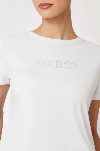 חולצת טישירט קצרה Guess Rhinestones Logo נשים - גס - White