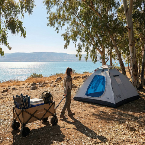 אוהל 4 פתיחה מהירה + עגלת קמפינג מתקפלת גלגל רחב  Offroad Wagon II