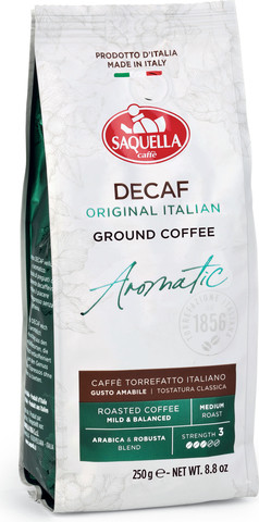 250 גרם פולי קפה נטול קפאין מבית Saquella Caffe