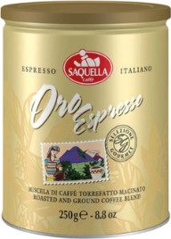 250 גרם קפה טחון אורו באריזת פח מבית Saquella Caffe