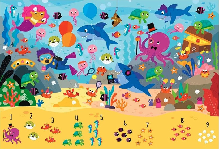 פאזל 25 חלקים ללימוד כמויות והכרת מספרים 1-9 - עולם הים