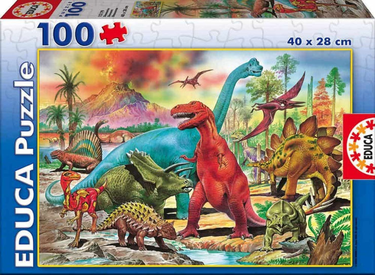 פאזל 100 חלקים דינוזאורים על רקע הר געש